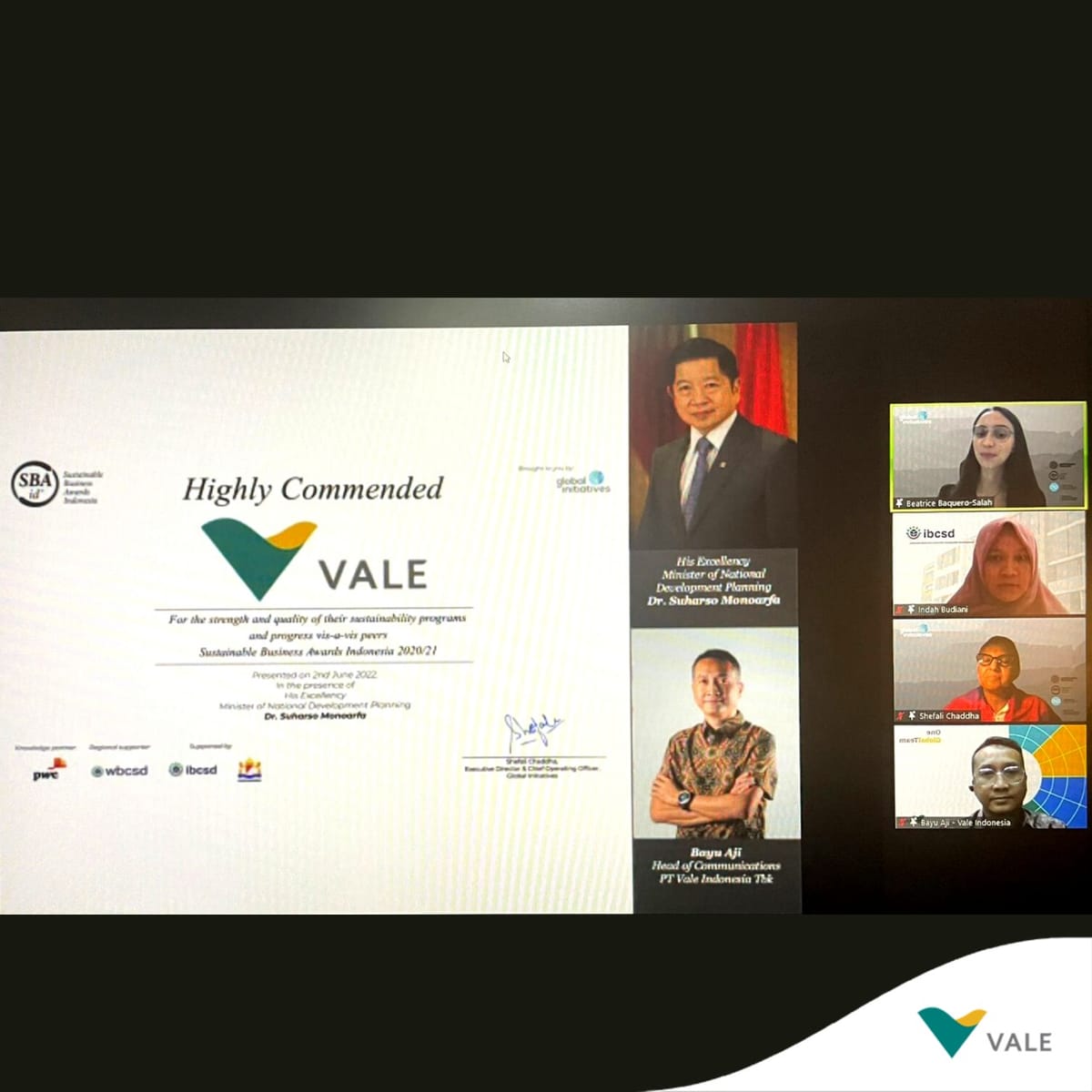 PT Vale Raih Penghargaan Bisnis Berkelanjutan Untuk Kategori Highly Commended